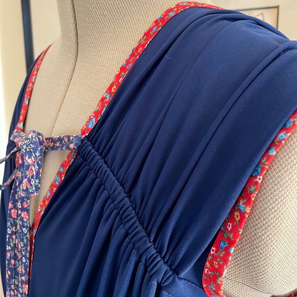 Vintage GODDESS DRESS 1970s Maxi blue & reds L - Picture 7 of 13